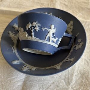 Wedgwood Blue and White Jasperware Cup and Saucer. 2 piece combo
